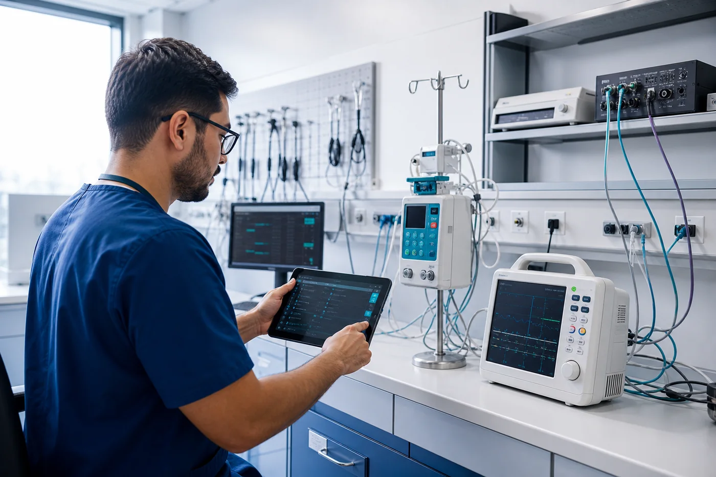 Clinical engineer reviewing the connectivity of networked medical equipment